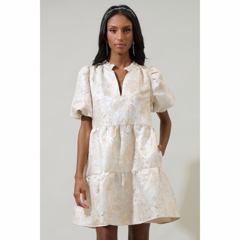 Sugarlips Ivory Puff Sleeve Mini Dress